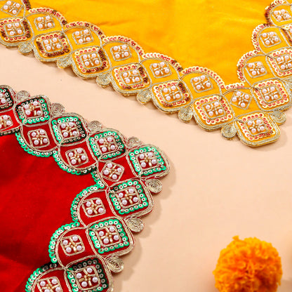 Sequin And Pearl Work Red Velvet God Pooja Asana