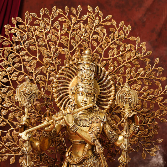 Brass Lord Krishna Statue With Tree (38 Inch)