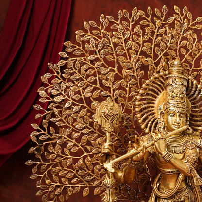 Brass Lord Krishna Statue With Tree (38 Inch)