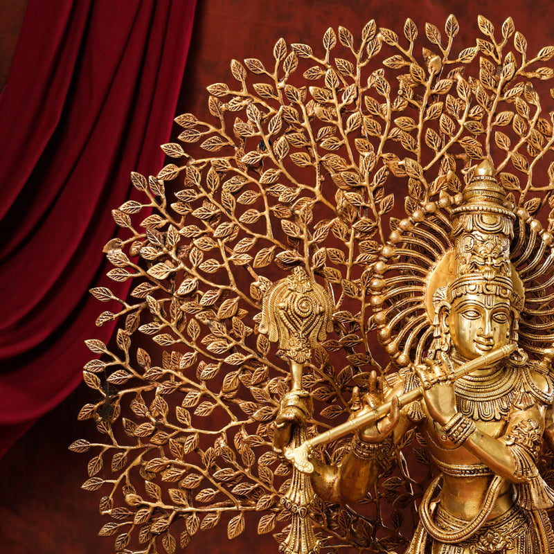 Brass Lord Krishna Statue With Tree (38 Inch)