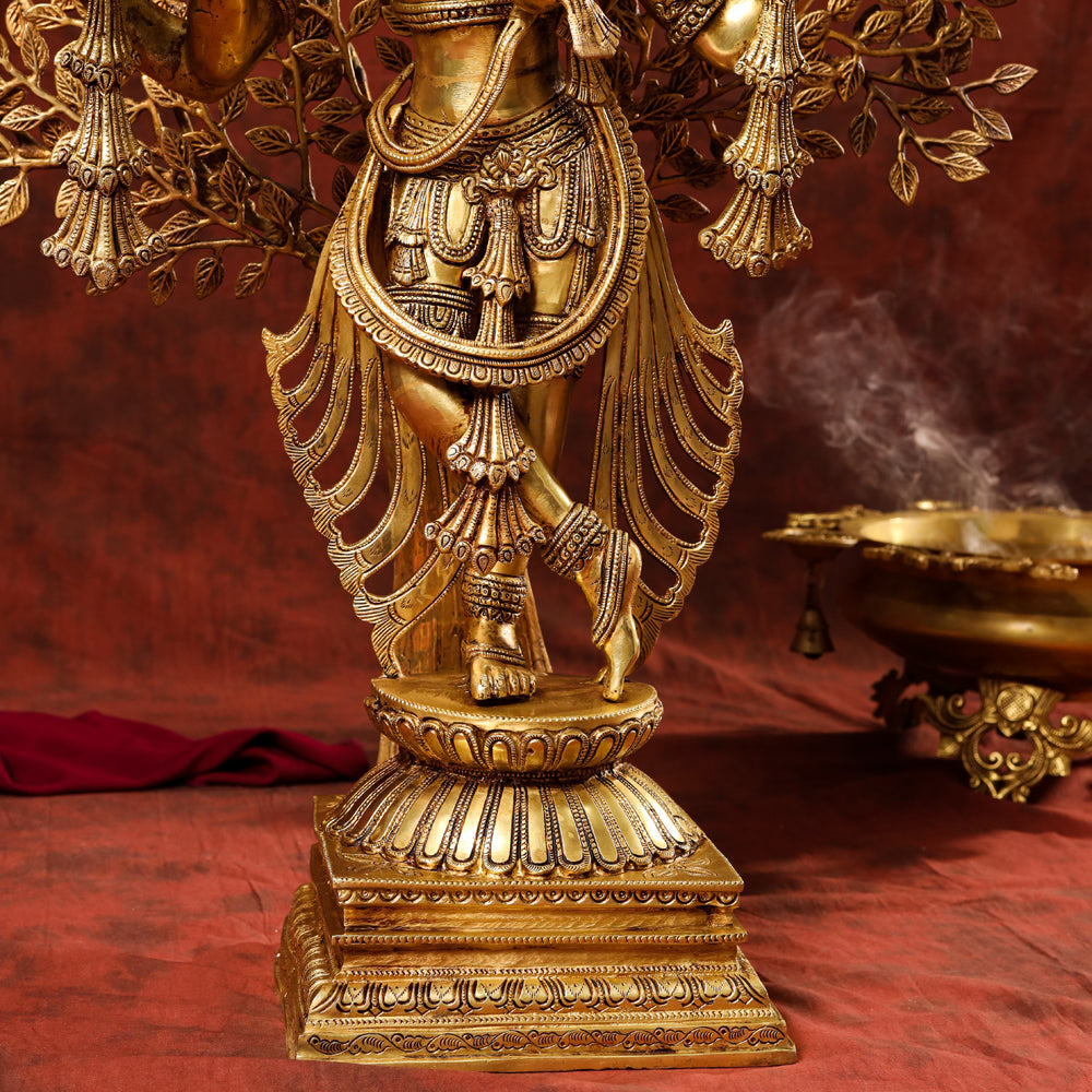 Brass Lord Krishna Statue With Tree (38 Inch)
