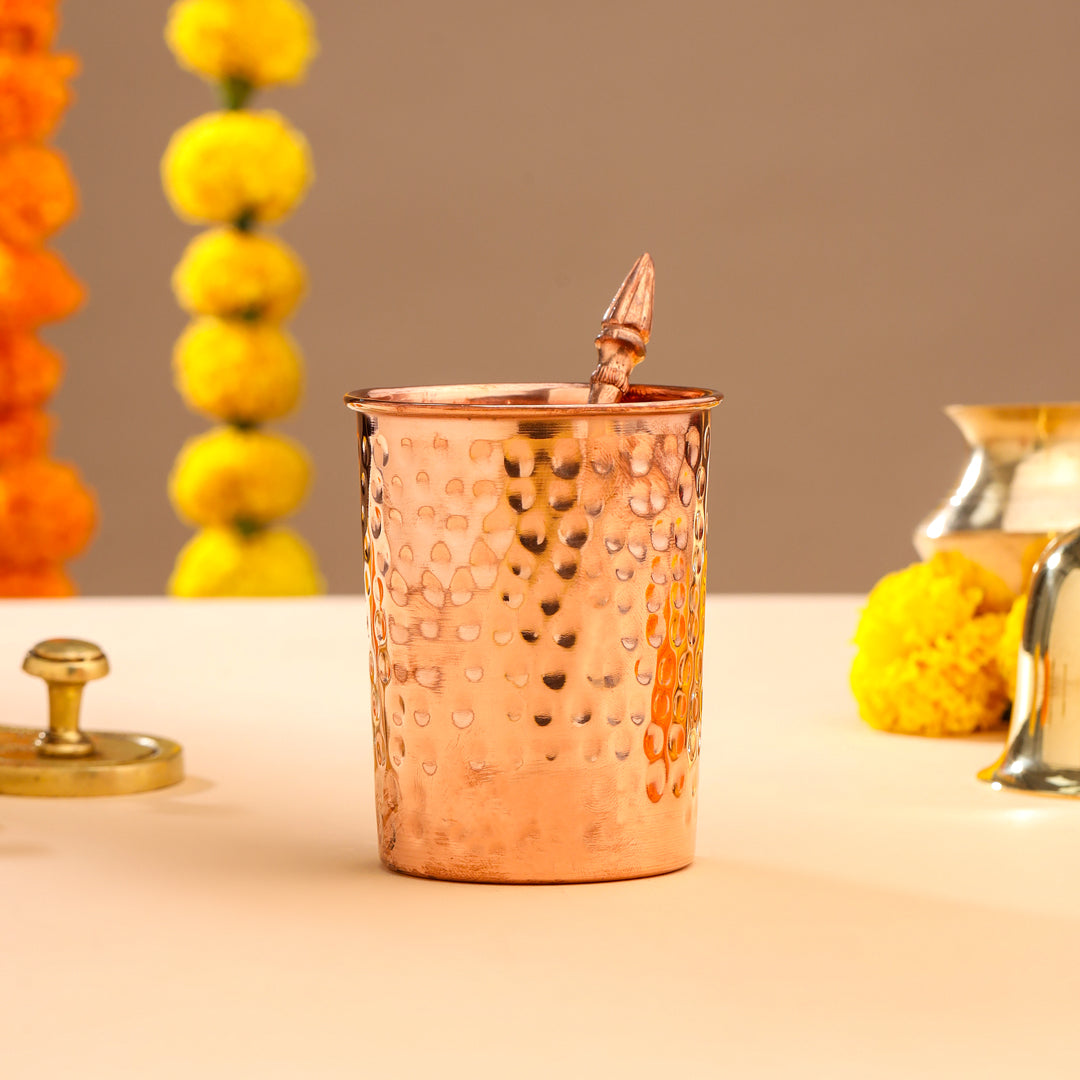 Copper Pooja Panchpatra and Spoon charnamrit Set
