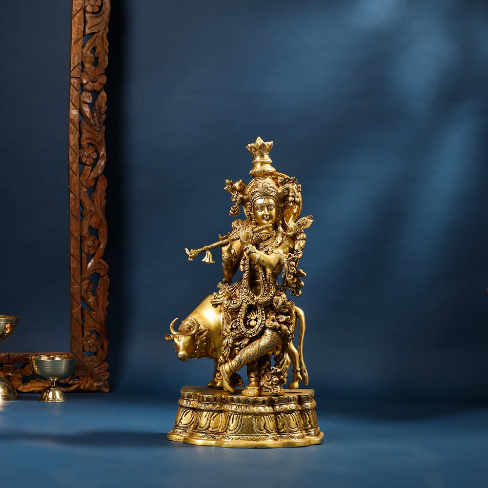 Brass Krishna With Cow Statue (23 Inch)