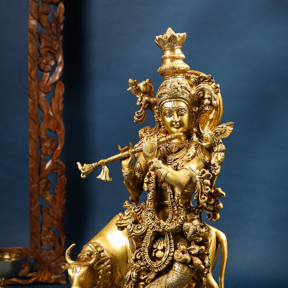 Brass Krishna With Cow Statue (23 Inch)