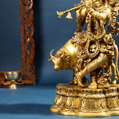 Brass Krishna With Cow Statue (23 Inch)