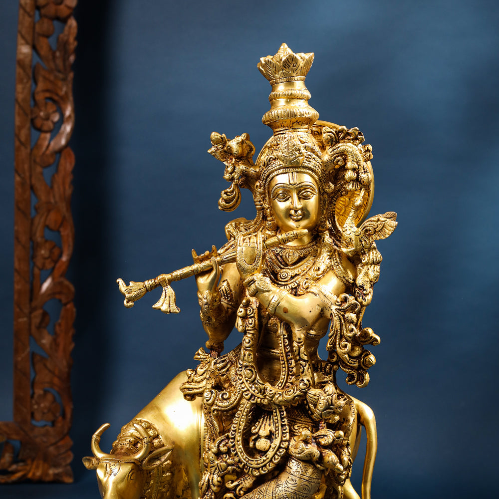 Brass Krishna With Cow Statue (23 Inch)