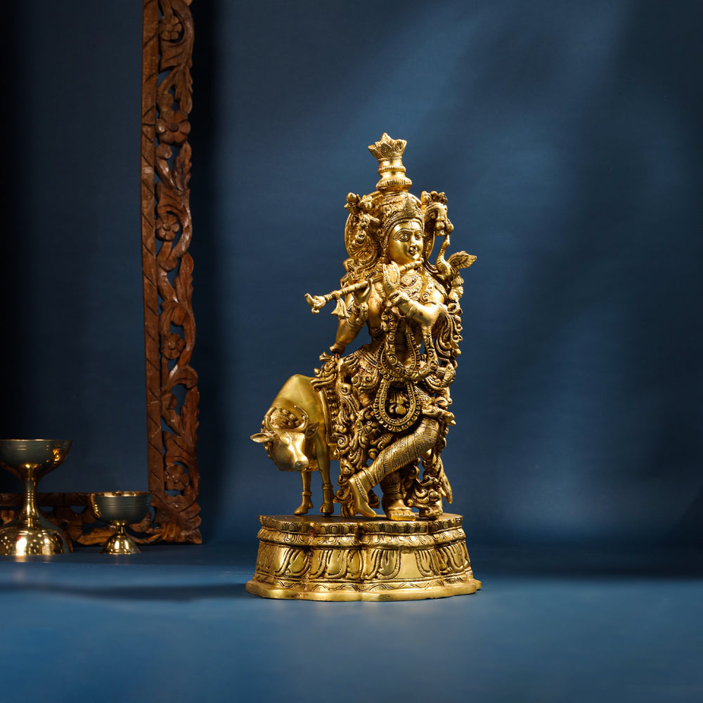 Brass Krishna With Cow Statue (23 Inch)