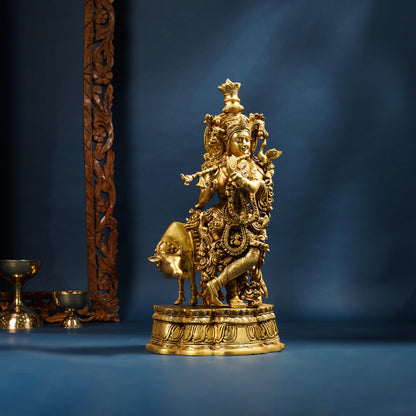 Brass Krishna With Cow Statue (23 Inch)