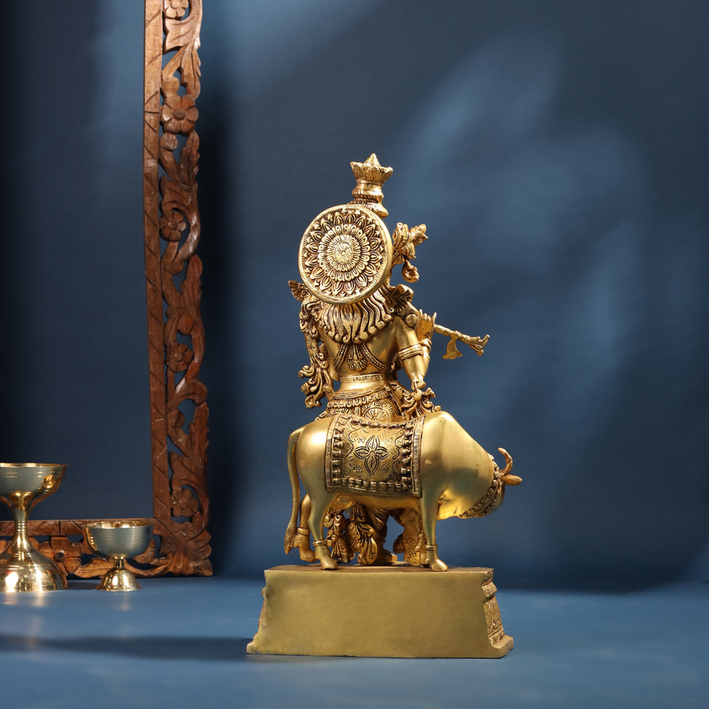 Brass Krishna With Cow Statue (23 Inch)