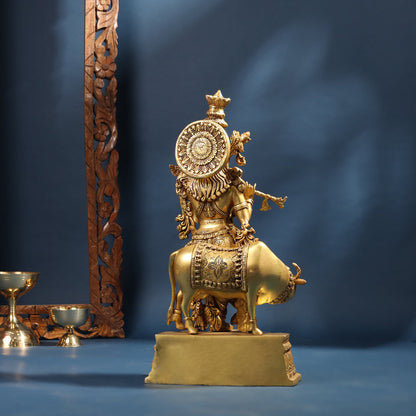 Brass Krishna With Cow Statue (23 Inch)