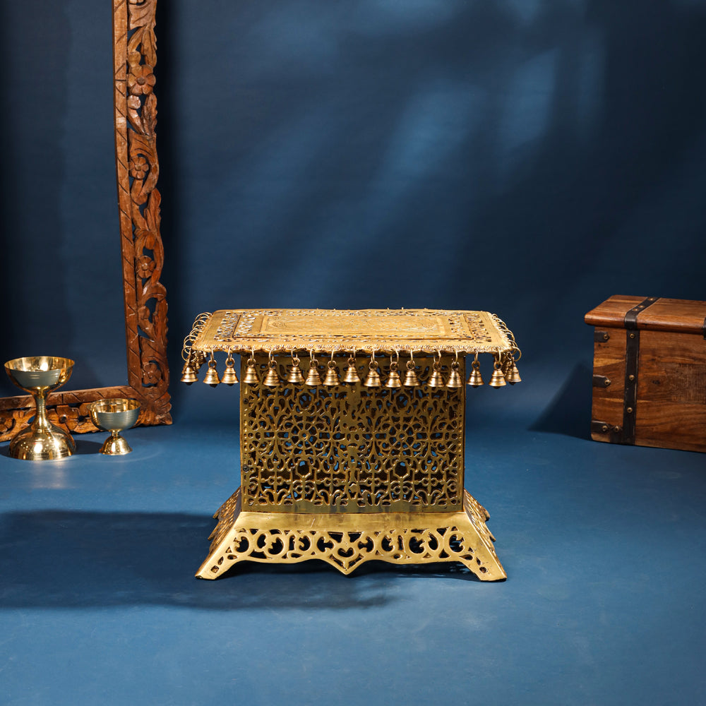 Brass Pooja Stool with Hanging Bells – Traditional & Ornate Design (15 Inch)