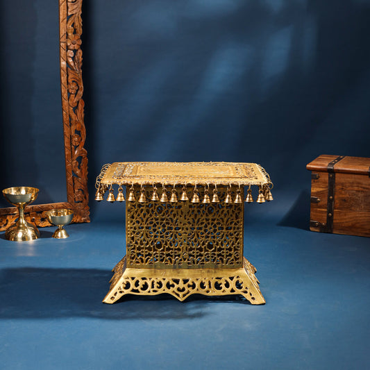 Brass Pooja Stool with Hanging Bells – Traditional & Ornate Design (15 Inch)