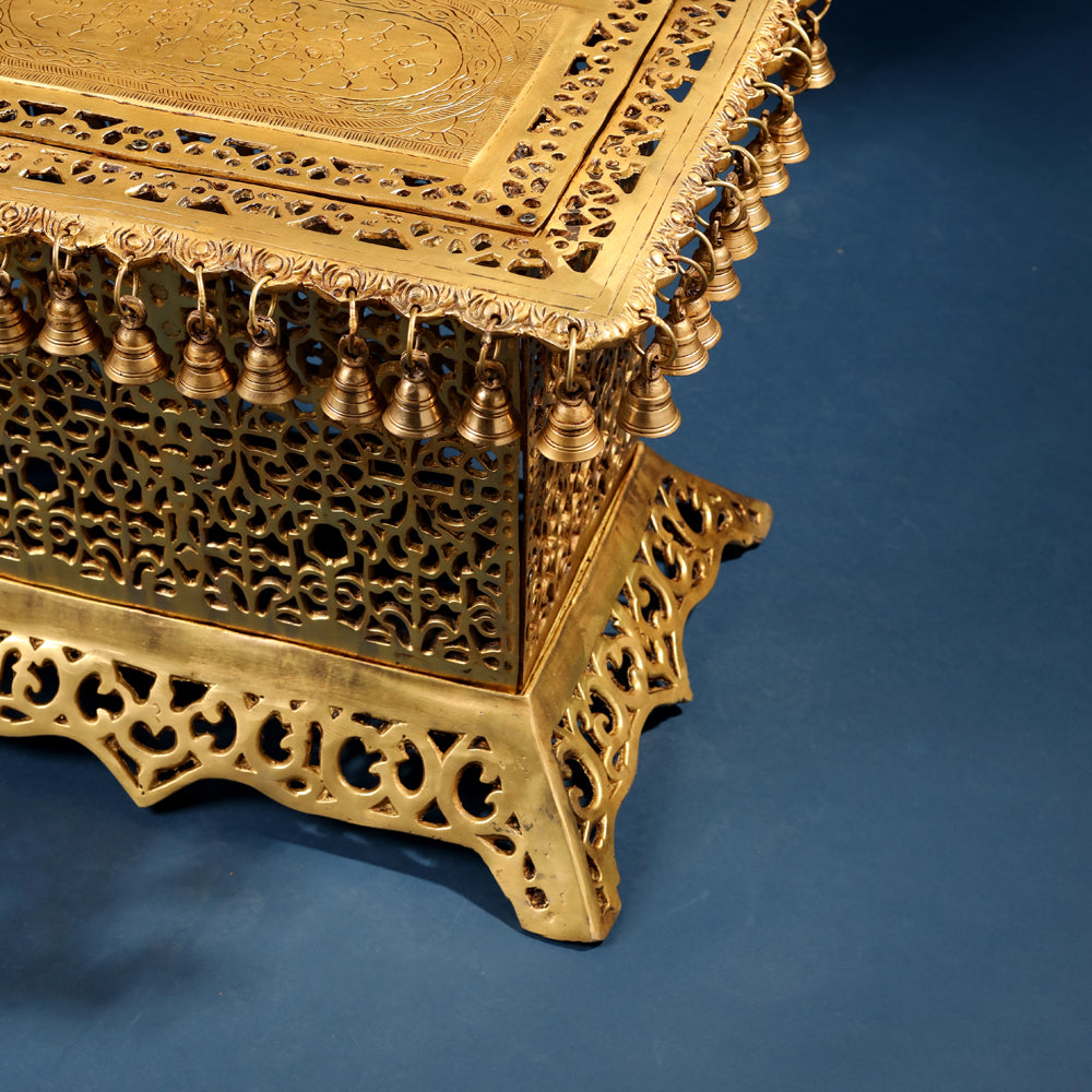 Brass Pooja Stool with Hanging Bells – Traditional & Ornate Design (15 Inch)