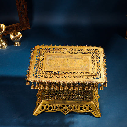 Brass Pooja Stool with Hanging Bells – Traditional & Ornate Design (15 Inch)