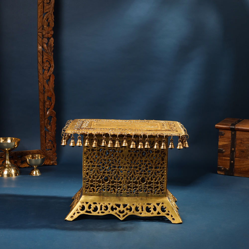 Brass Pooja Stool with Hanging Bells – Traditional & Ornate Design (15 Inch)