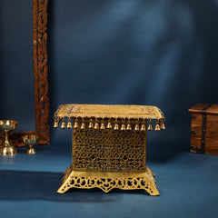 Brass Pooja Stool with Hanging Bells – Traditional & Ornate Design (15 Inch)