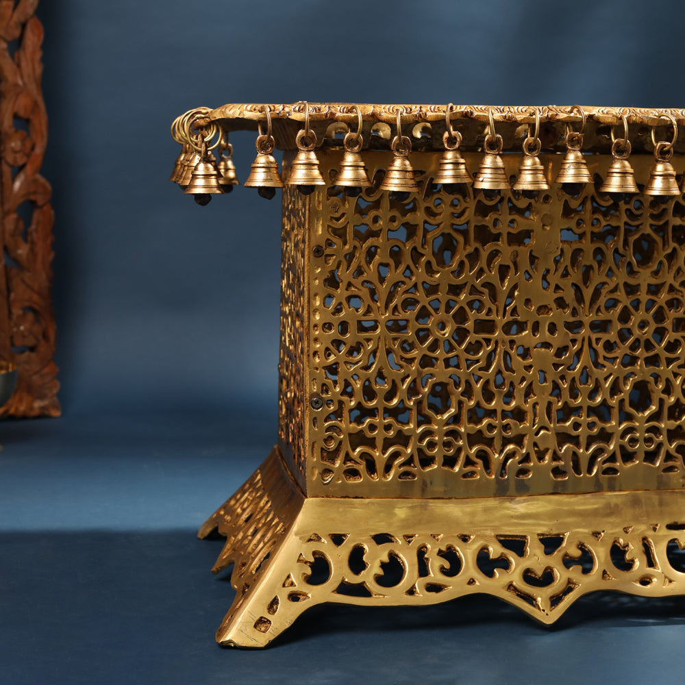 Brass Pooja Stool with Hanging Bells – Traditional & Ornate Design (15 Inch)