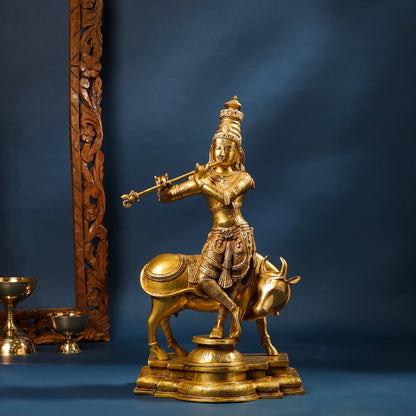 Brass Superfine Lord Krishna With Cow Statue (26 Inch)