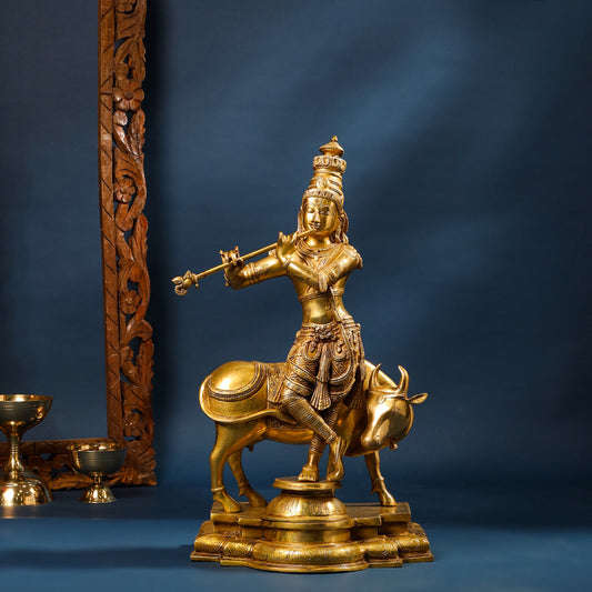 Brass Superfine Lord Krishna With Cow Statue (26 Inch)