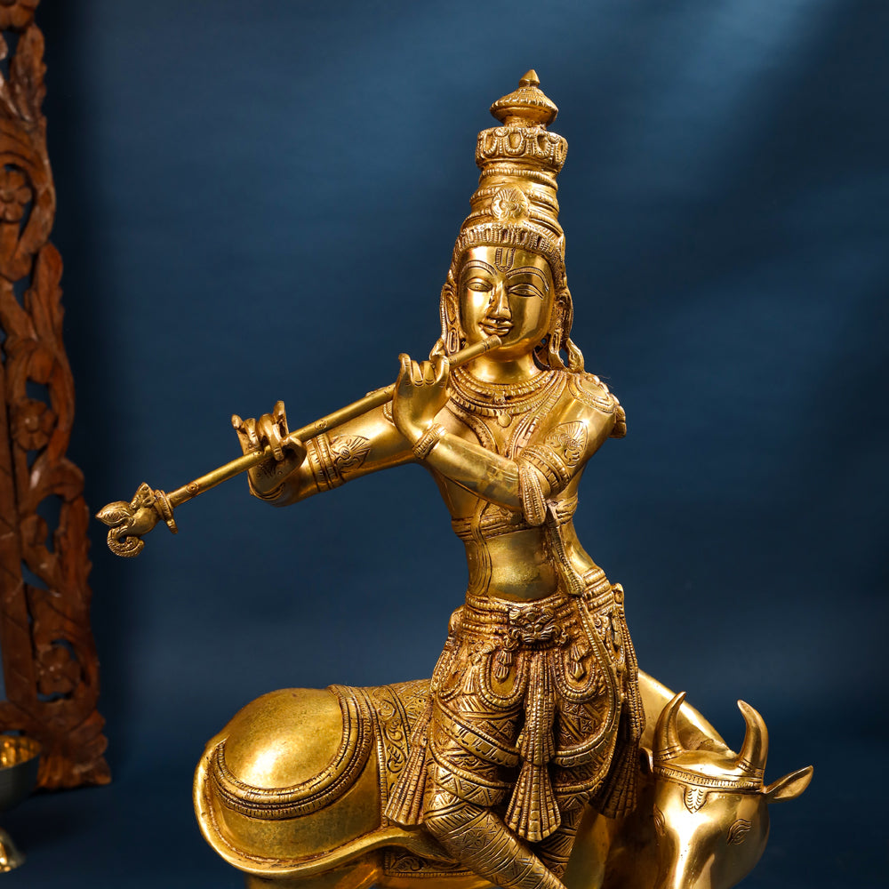 Brass Superfine Lord Krishna With Cow Statue (26 Inch)