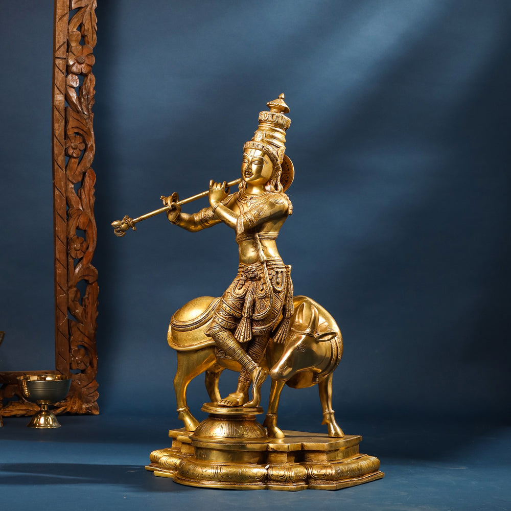 Brass Superfine Lord Krishna With Cow Statue (26 Inch)