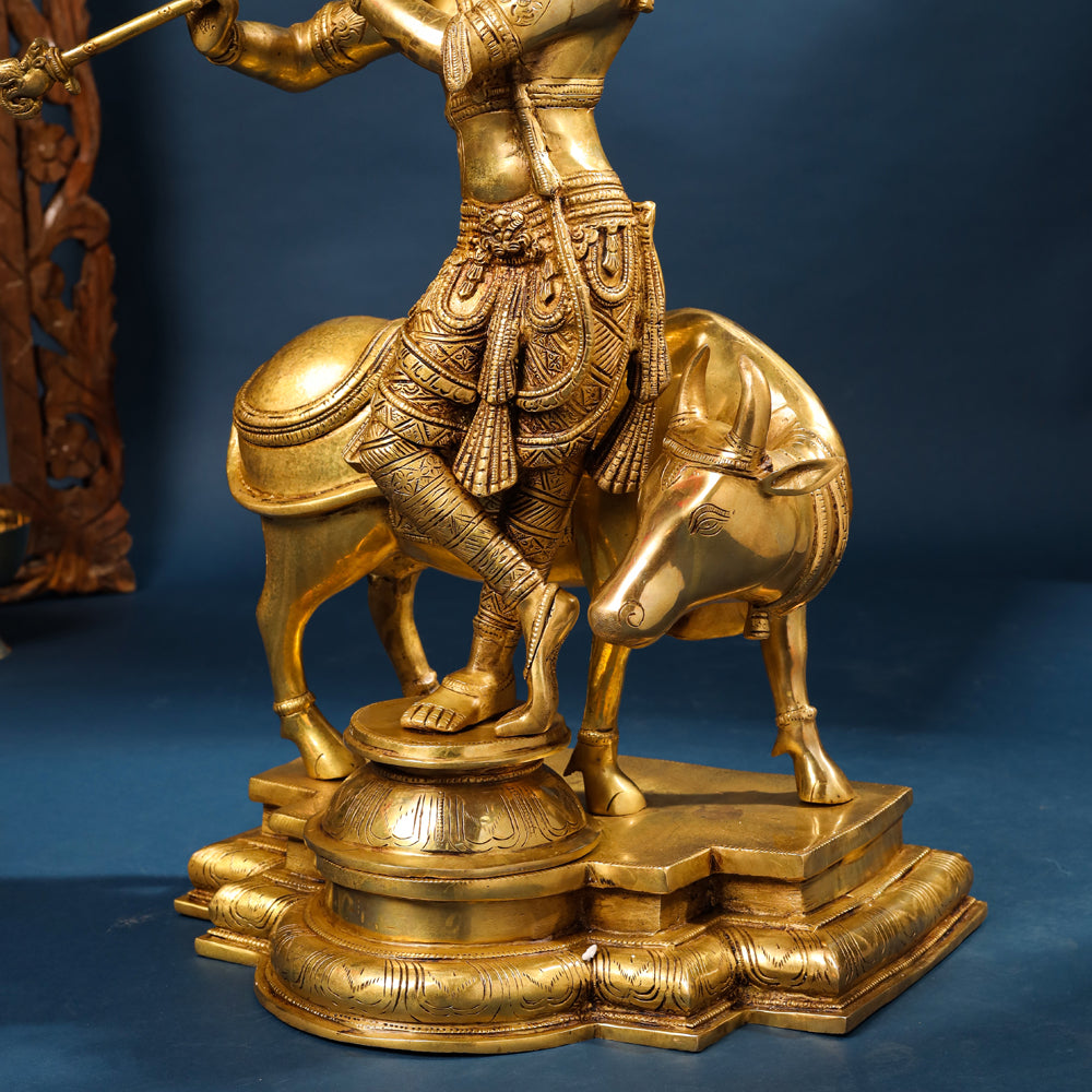 Brass Superfine Lord Krishna With Cow Statue (26 Inch)