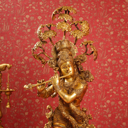Brass Lord Krishna Statue With Tree (56 Inch)