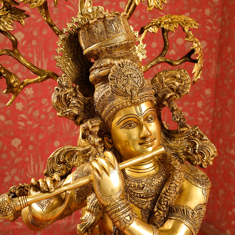 Brass Lord Krishna Statue With Tree (56 Inch)