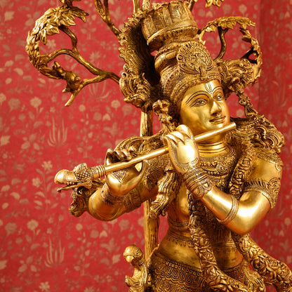 Brass Lord Krishna Statue With Tree (56 Inch)