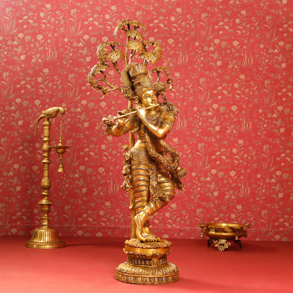 Brass Lord Krishna Statue With Tree (56 Inch)