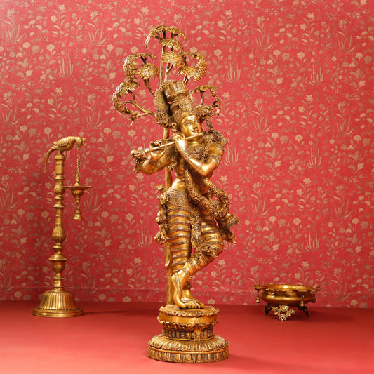 Brass Lord Krishna Statue With Tree (56 Inch)