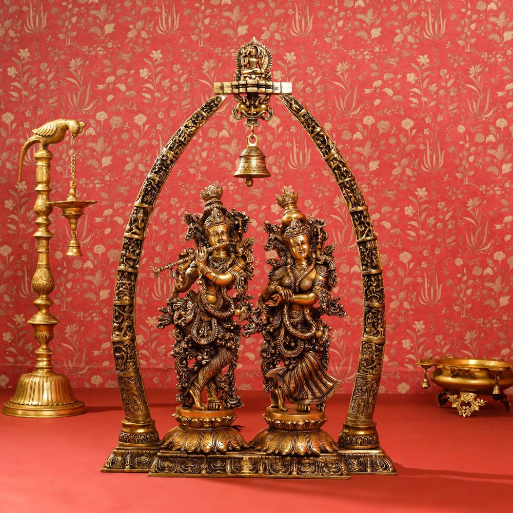 Brass Superfine Radha Krishna Statue With Elephant Tusk Stand (46 Inch)