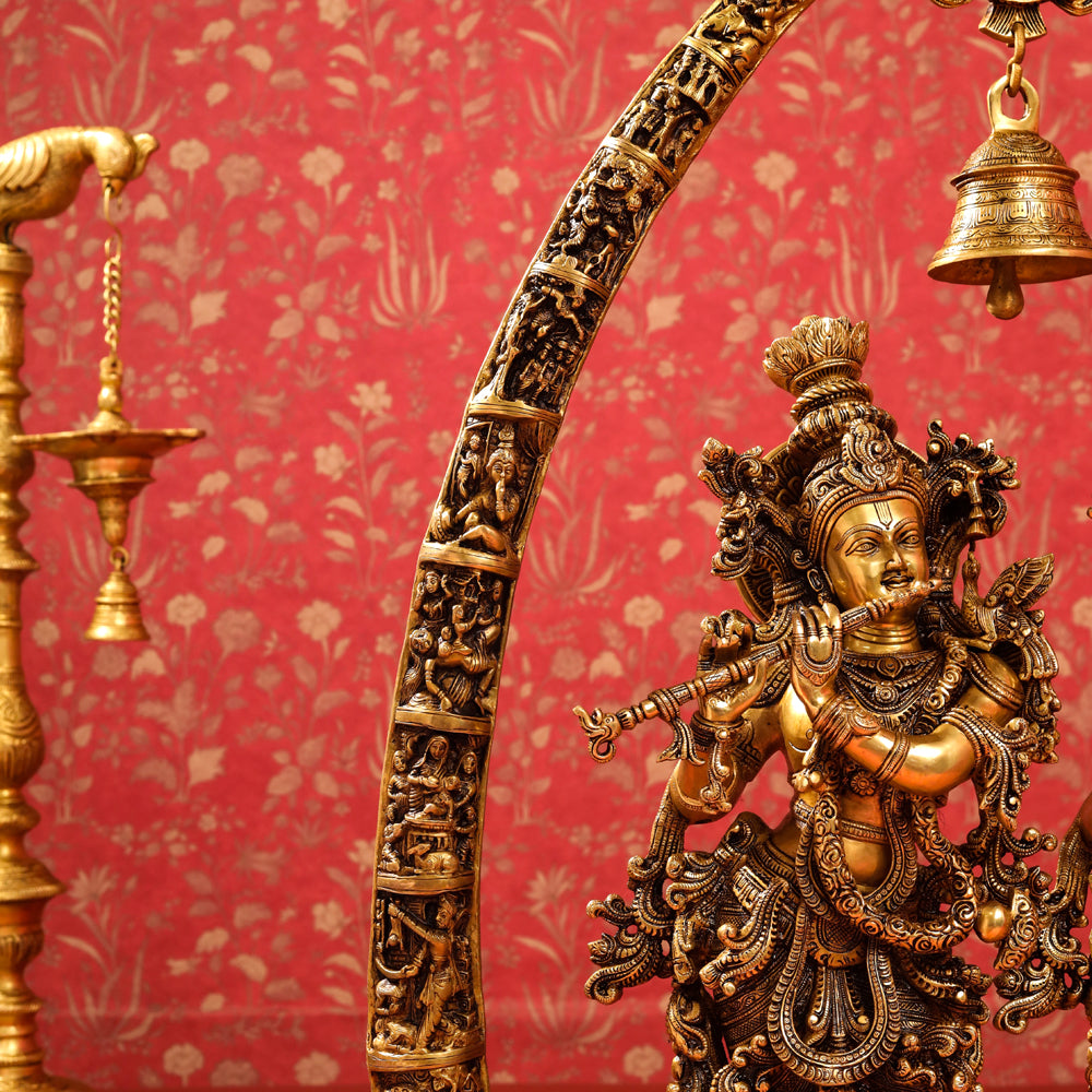 Brass Superfine Radha Krishna Statue With Elephant Tusk Stand (46 Inch)