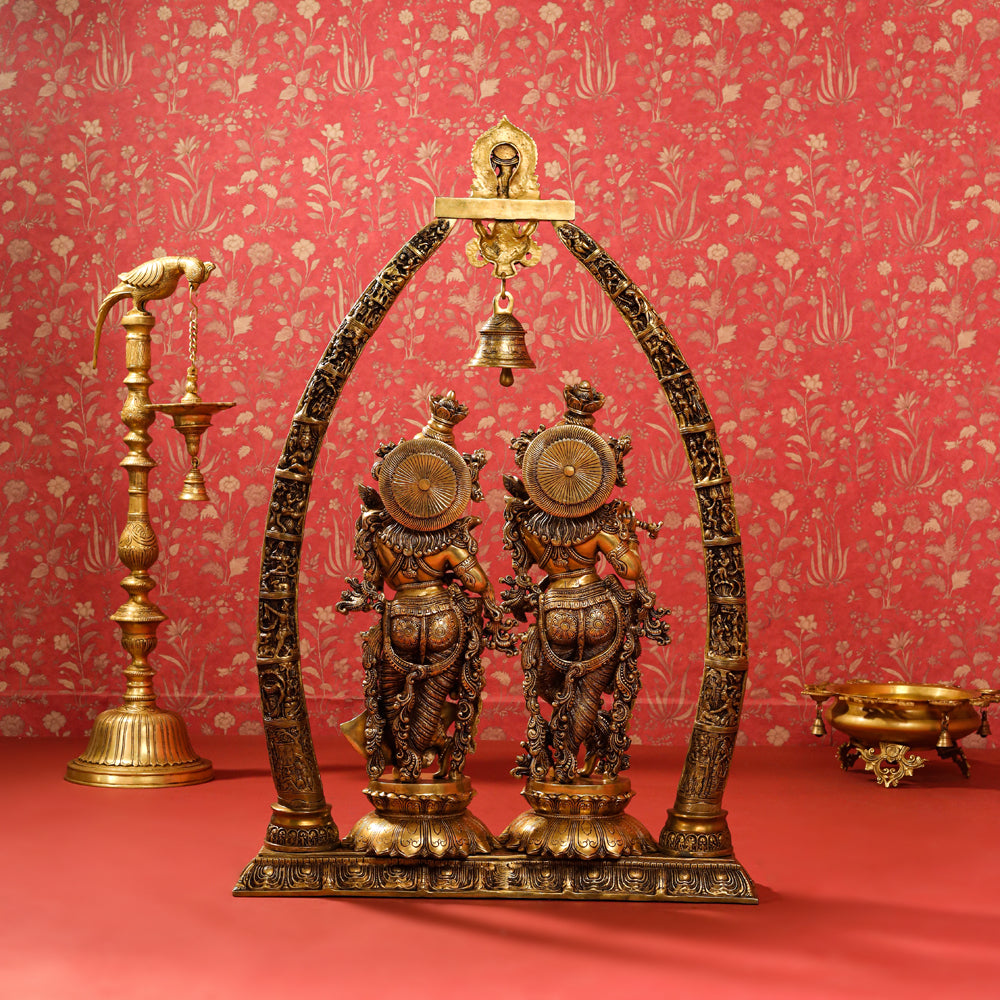 Brass Superfine Radha Krishna Statue With Elephant Tusk Stand (46 Inch)