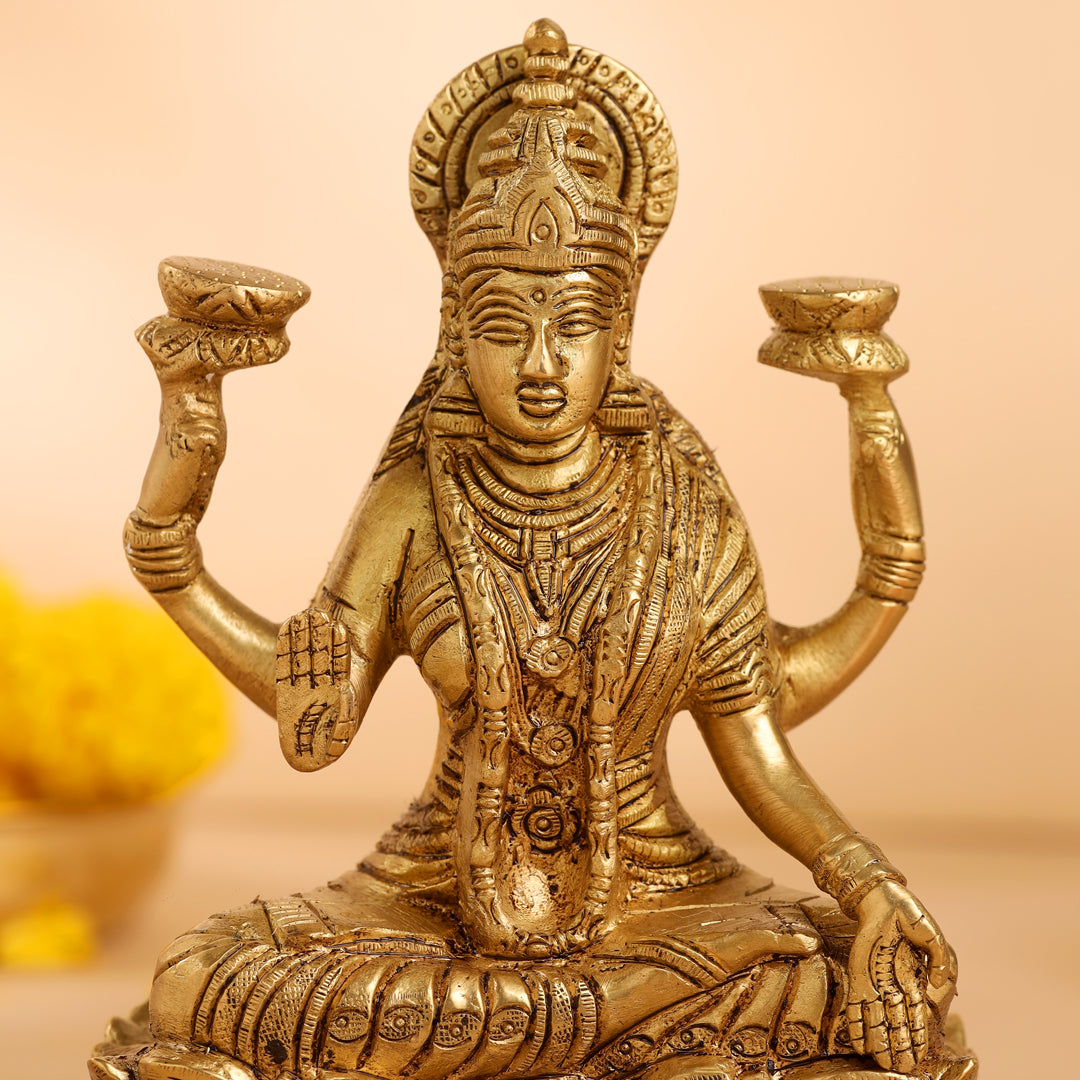 Brass Lotus Goddess Lakshmi Idol (6.5 Inch)