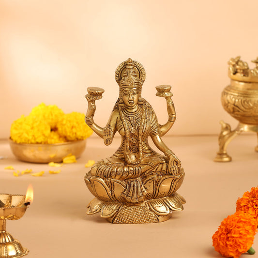 Brass Lotus Goddess Lakshmi Idol (6.5 Inch)