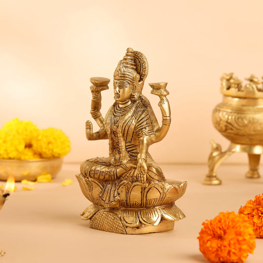 Brass Lotus Goddess Lakshmi Idol (6.5 Inch)