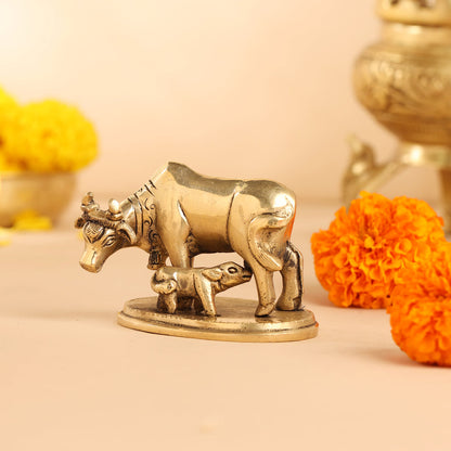 Brass Kamdhenu Cow With Calf Idol (2.5 Inch)