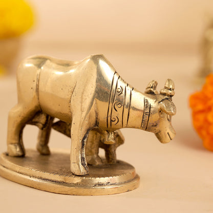 Brass Kamdhenu Cow With Calf Idol (2.5 Inch)