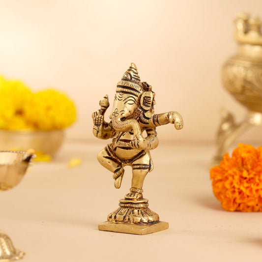 Brass Dancing Ganesha Idol (4 Inch)