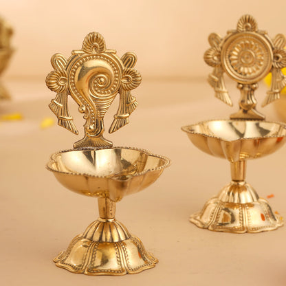 Brass Shankh Chakra Diya Set ( 4.5 Inch)