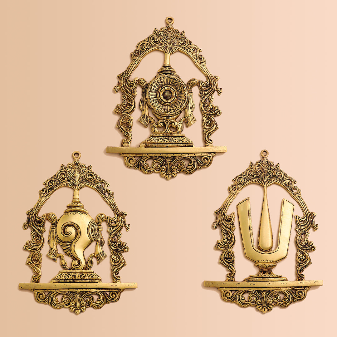 Brass Shankh Chakra Namah Wall Hanging Set (12.5 Inch)