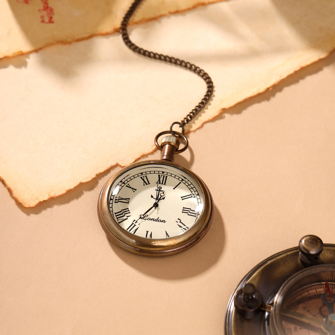 Brass Pocket Watch With Leahther Pouch (2 Inch)