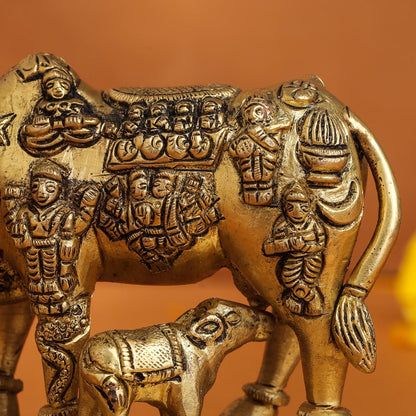 Brass Kamdhenu Cow With Calf Idol (3.5 Inch)