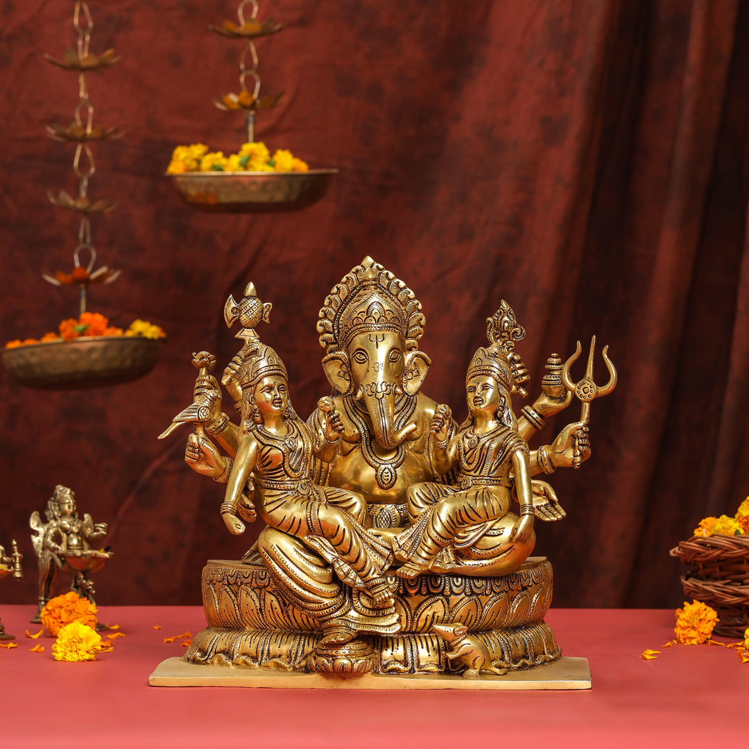 Brass Superfine Ganesha With Riddhi Siddhi Idol (12 Inch)