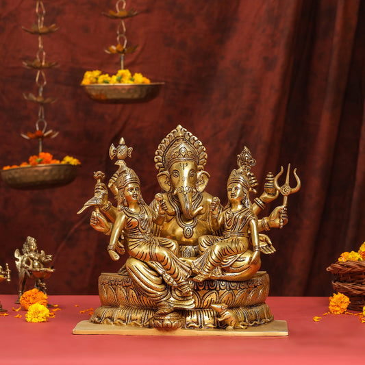 Brass Superfine Ganesha With Riddhi Siddhi Idol (12 Inch)