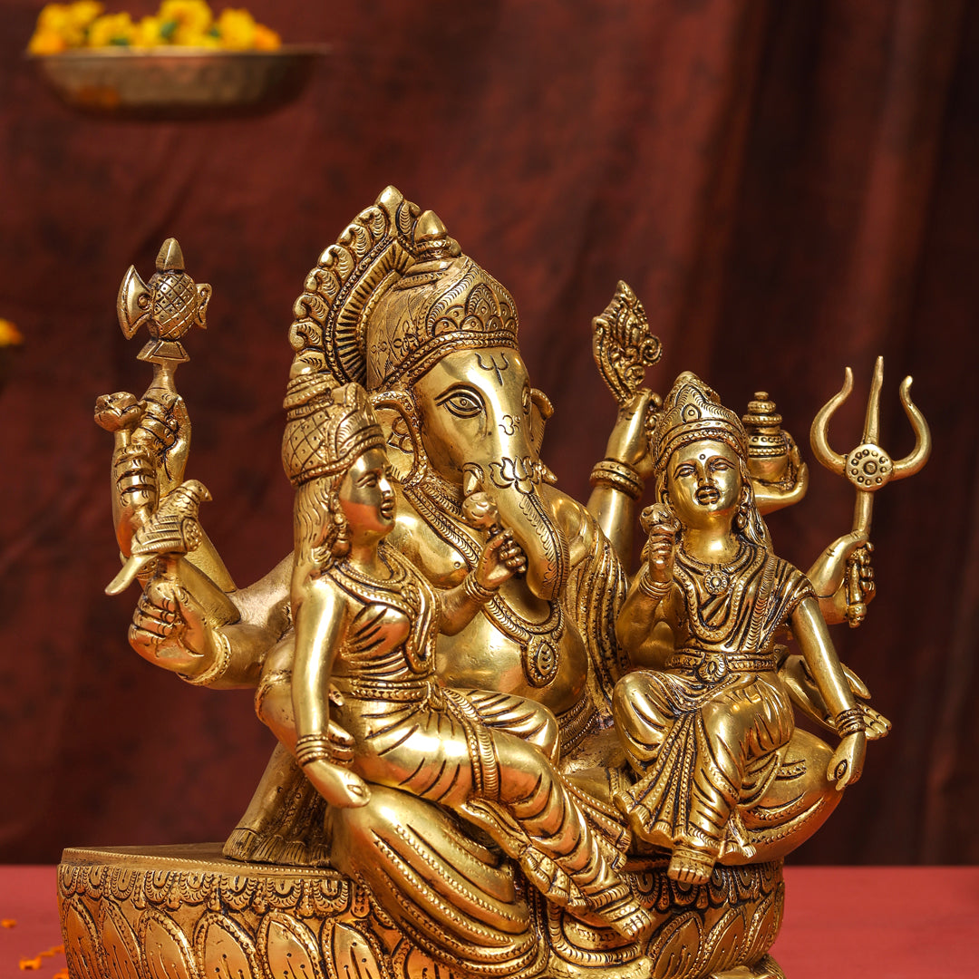 Brass Superfine Ganesha With Riddhi Siddhi Idol (12 Inch)