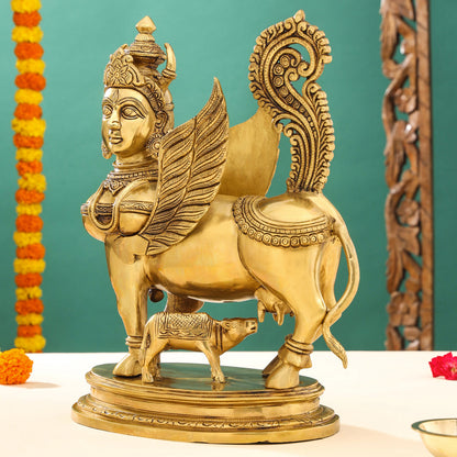 Brass Superfine Kamdhenu Cow With Calf Idol (17 Inch)