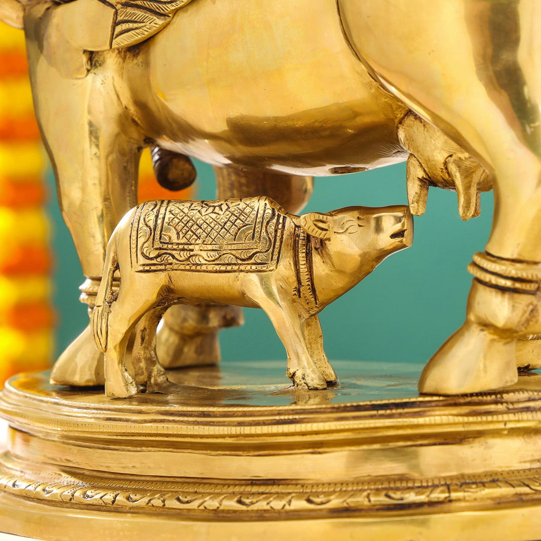 Brass Superfine Kamdhenu Cow With Calf Idol (17 Inch)