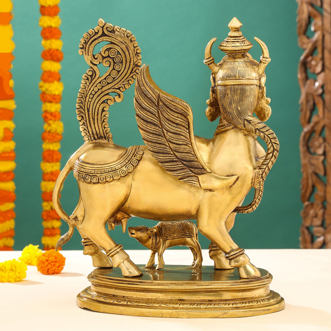 Brass Superfine Kamdhenu Cow With Calf Idol (17 Inch)